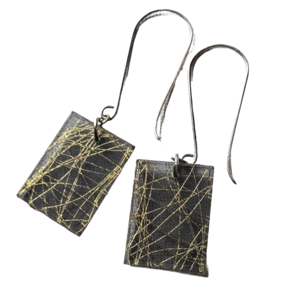 Vintage 925 Sterling Silver Artisan Gold Confetti Dangle Earrings 9$